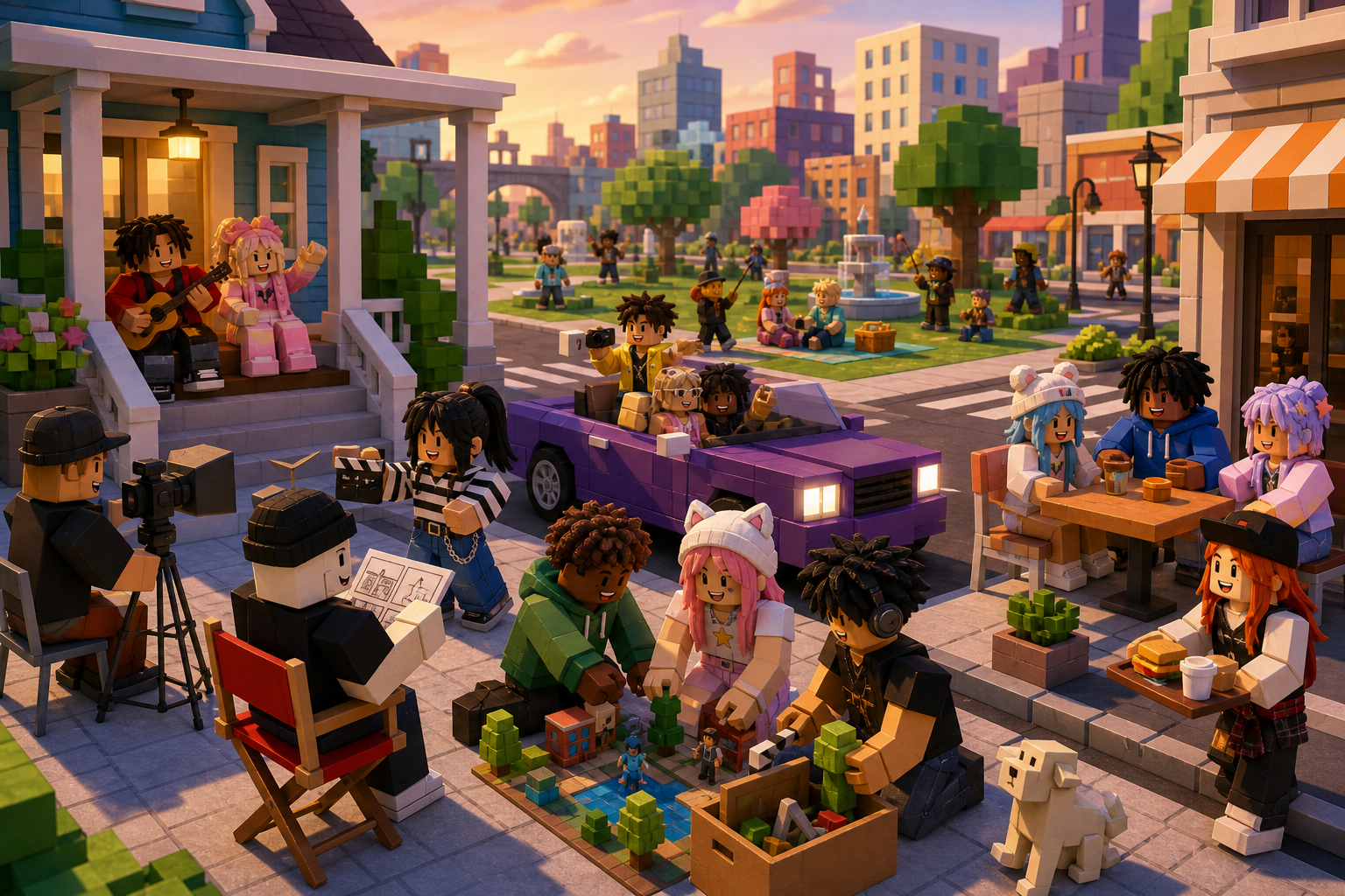 Social roleplay creativity in a player-directed city with houses, vehicles, props, and collaborative scenes