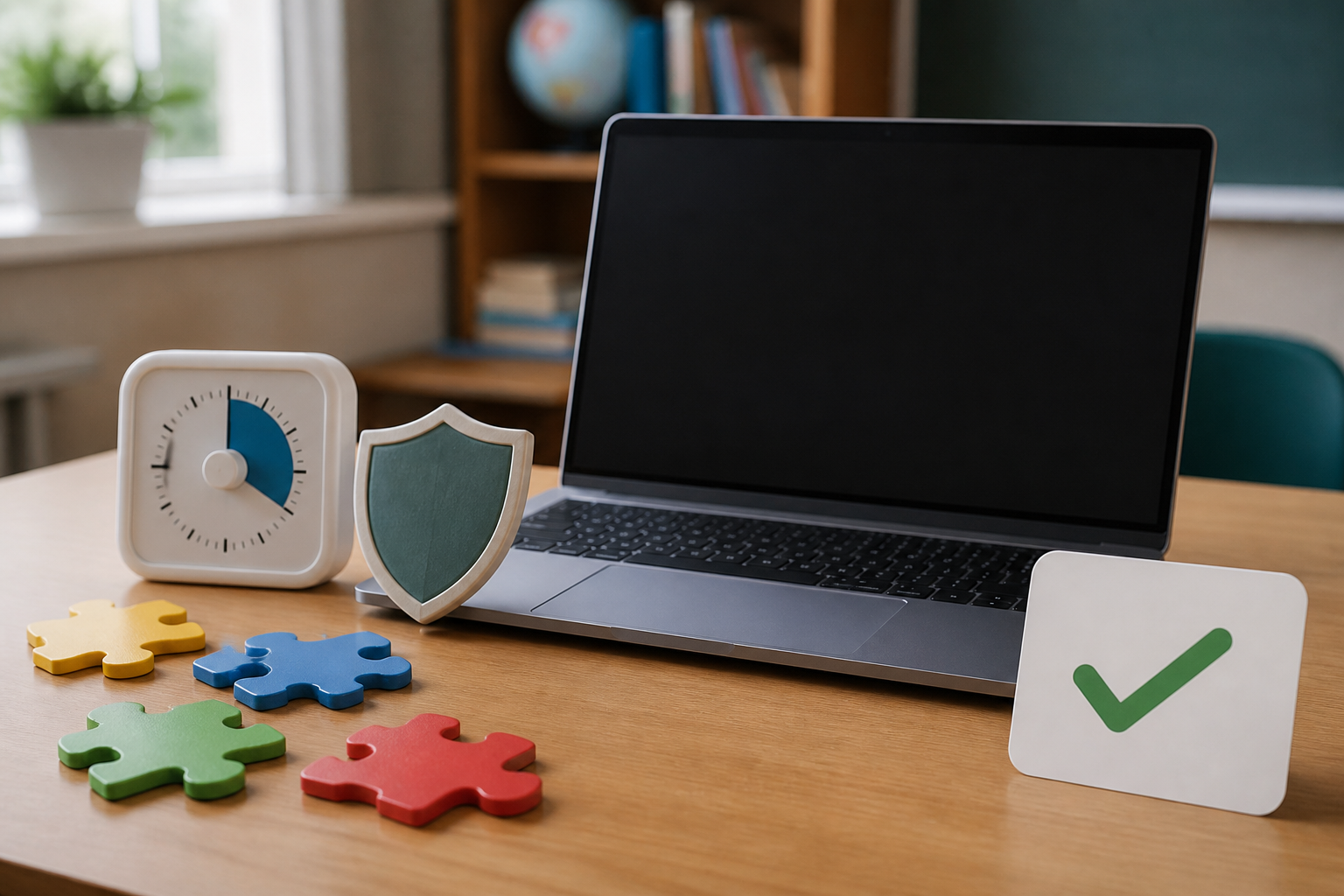 Privacy shield, timer, puzzle pieces, and a permission check arranged beside a closed-screen laptop