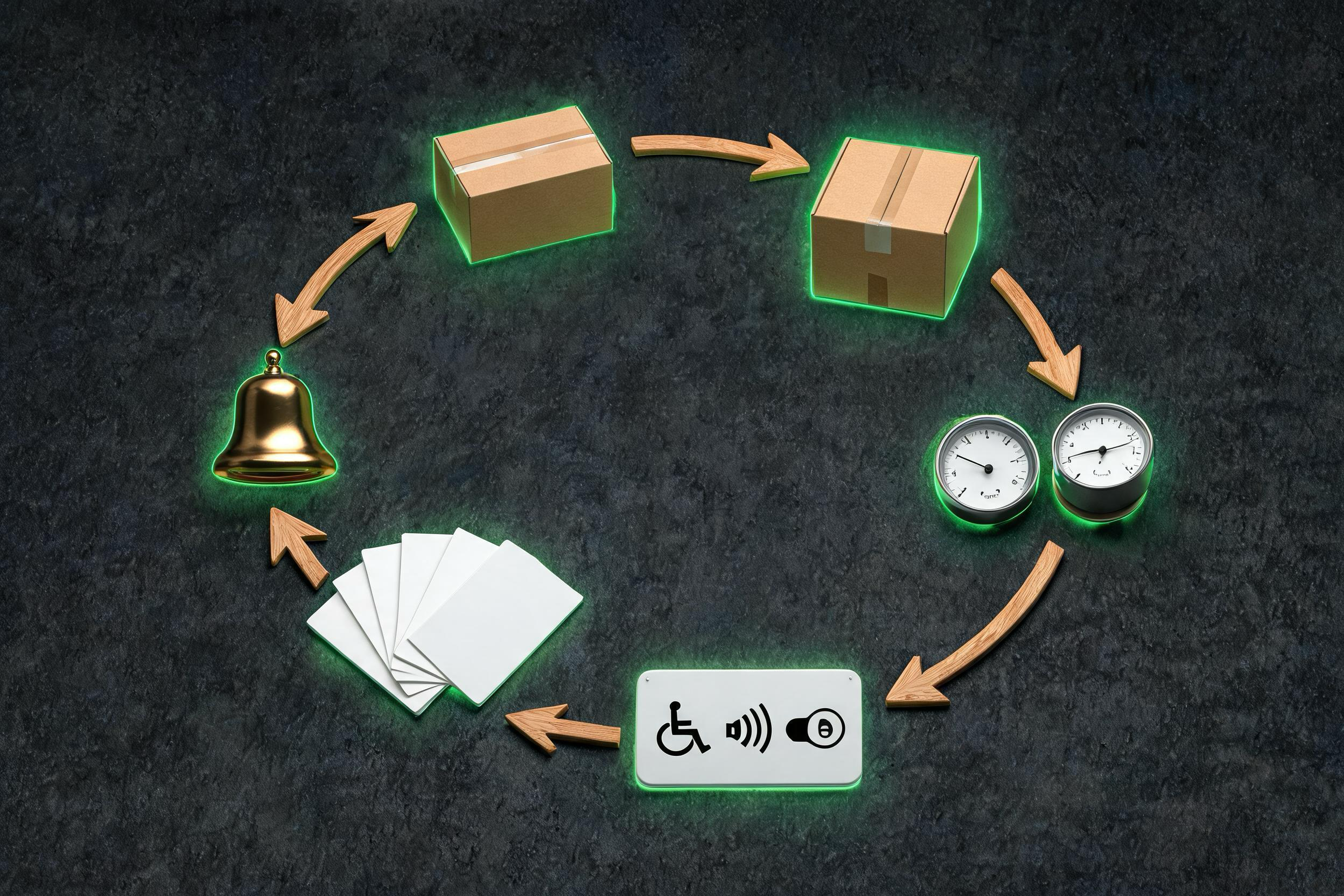 A physical release and maintenance loop with rollback archive, incident bell, reports, and update tools
