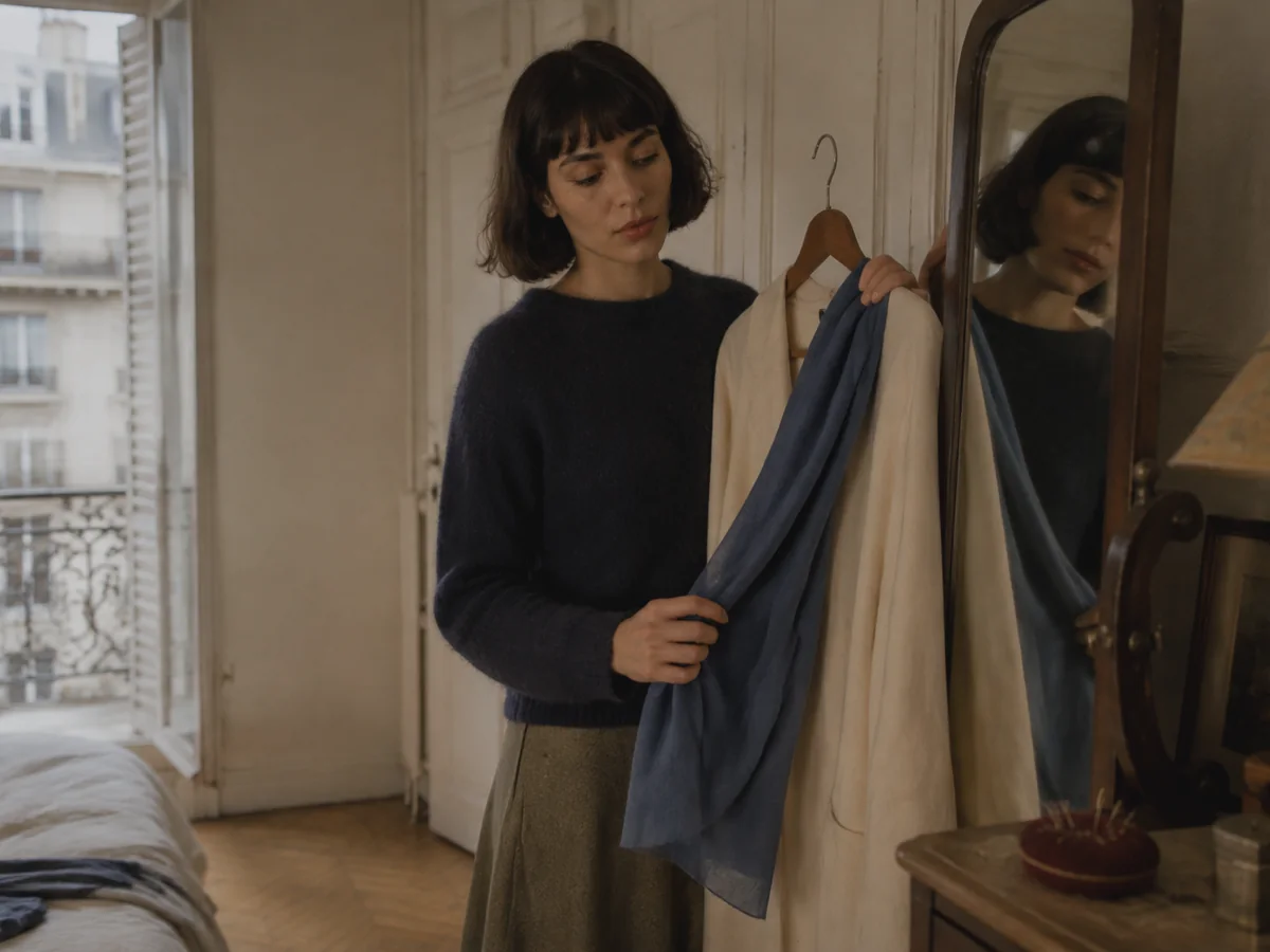 Character wardrobe and set references arranged beside the resulting cinematic scene