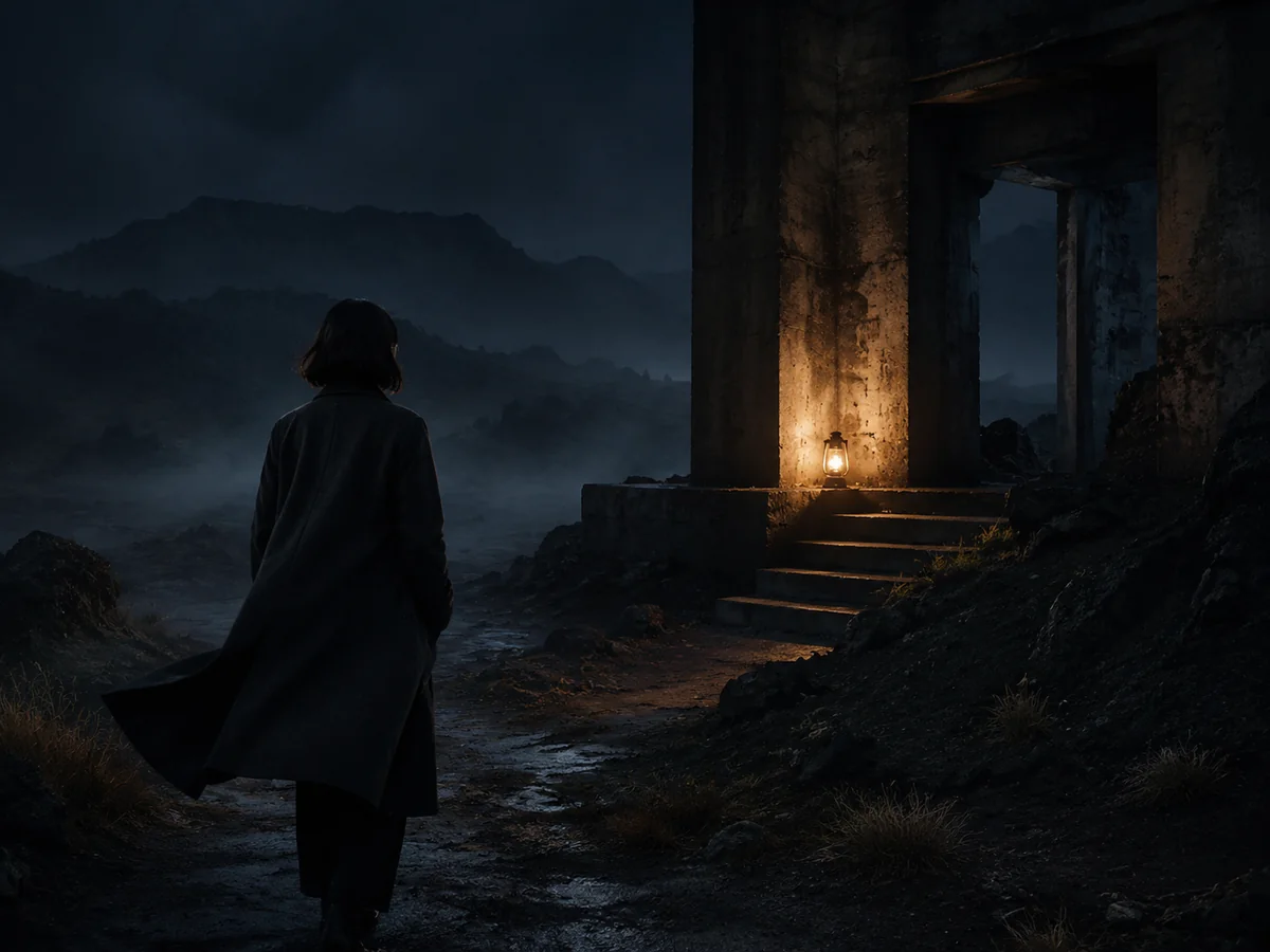 A lone traveler crossing a misty blue-gray landscape under warm practical light