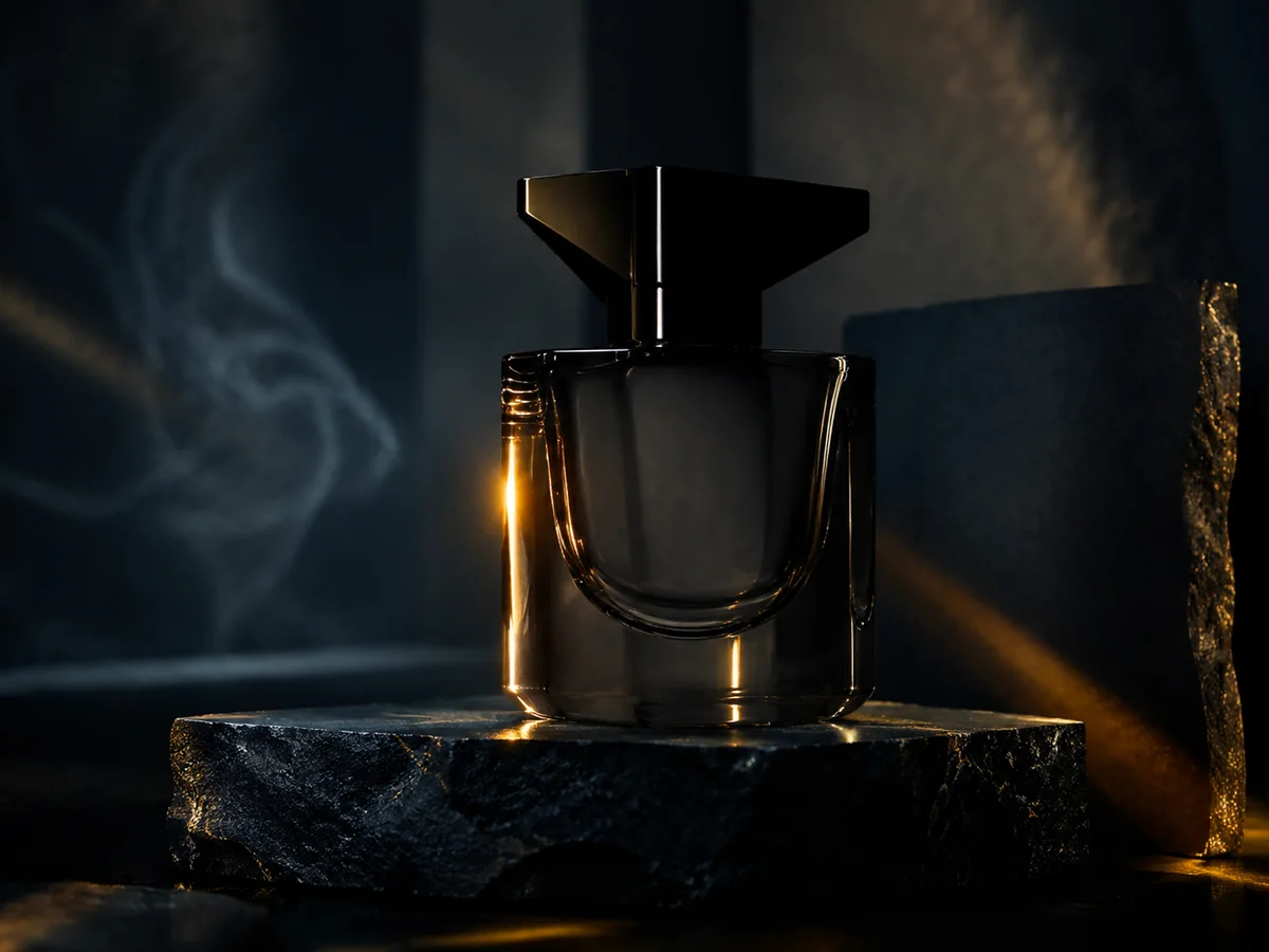 Amber-lit sculptural perfume bottle photographed on a dark cinematic set