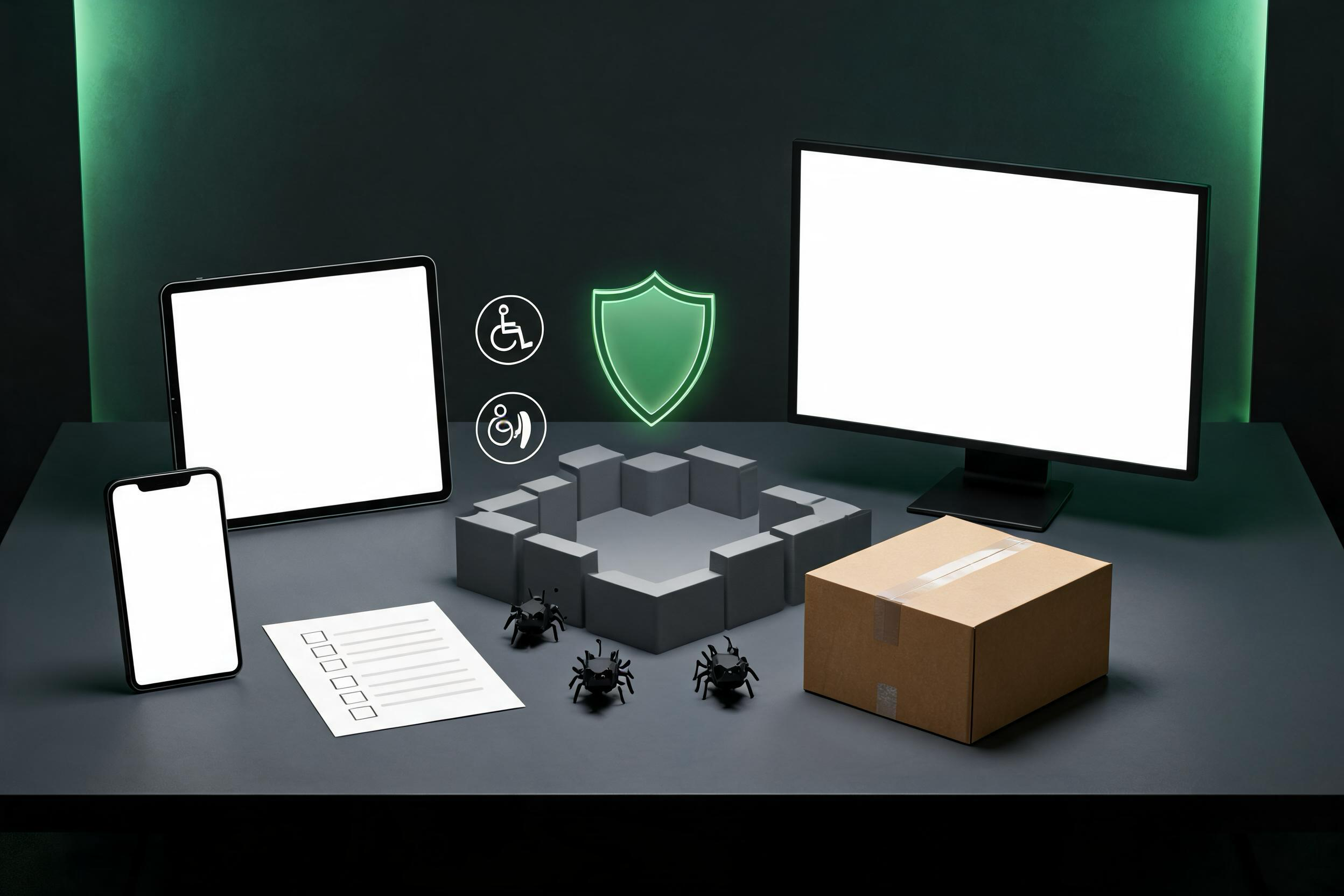 A small test arena surrounded by device frames, safety checks, bug tokens, and a release box