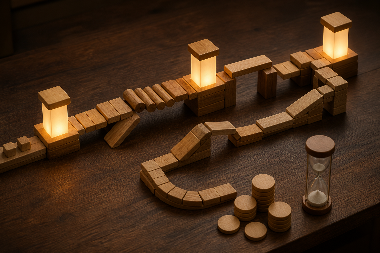 A wooden obstacle route has three glowing checkpoints, a lower recovery loop, practice tokens, and an hourglass