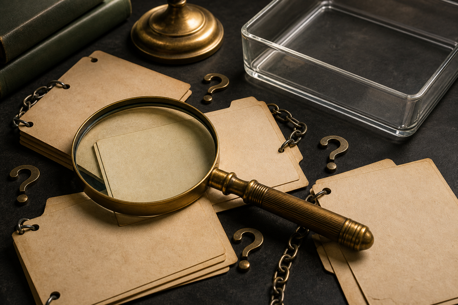 Magnifying glass, linked evidence cards, question tokens, and an empty tray show missing completion data