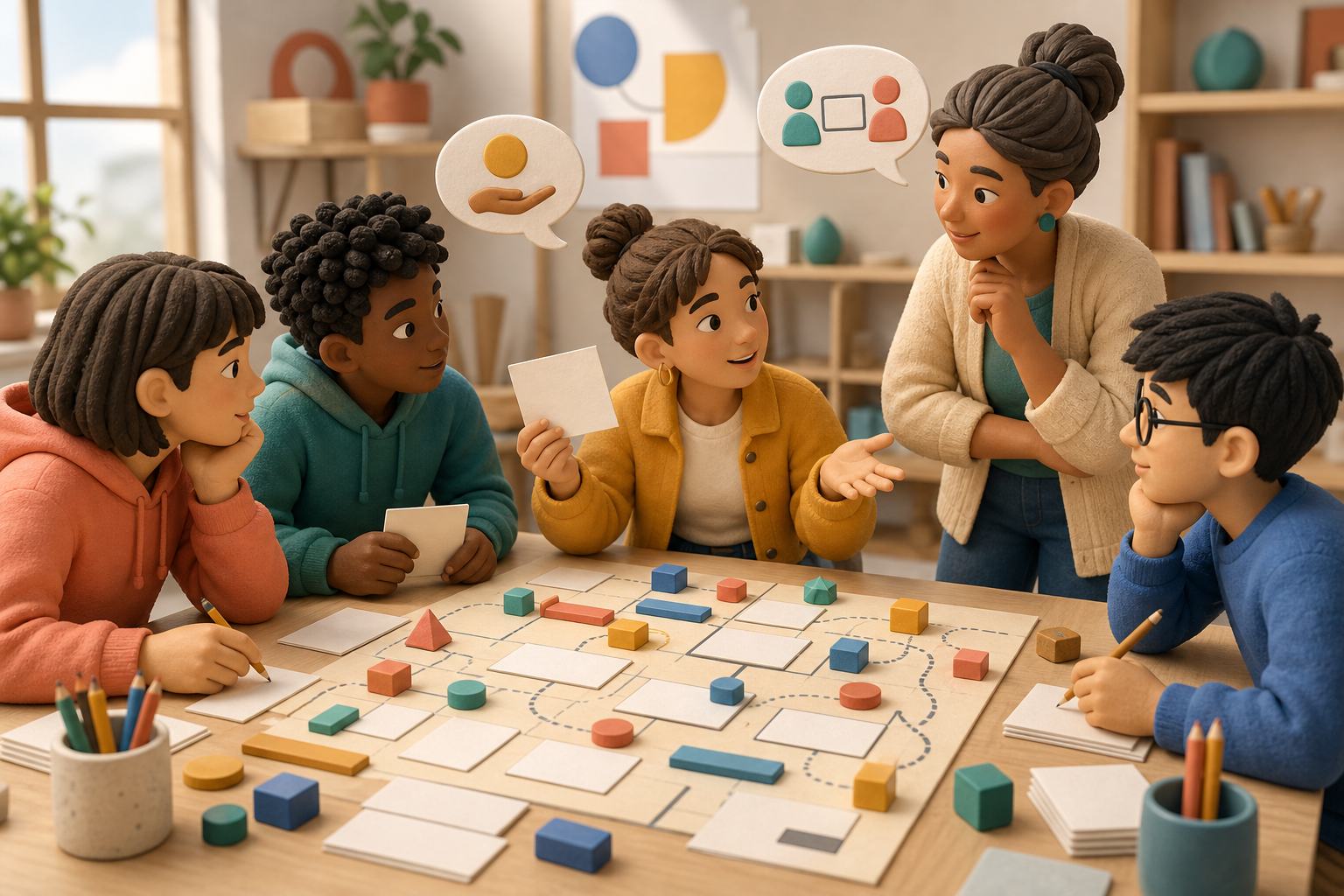 Students planning an original browser-game prototype with a teacher nearby