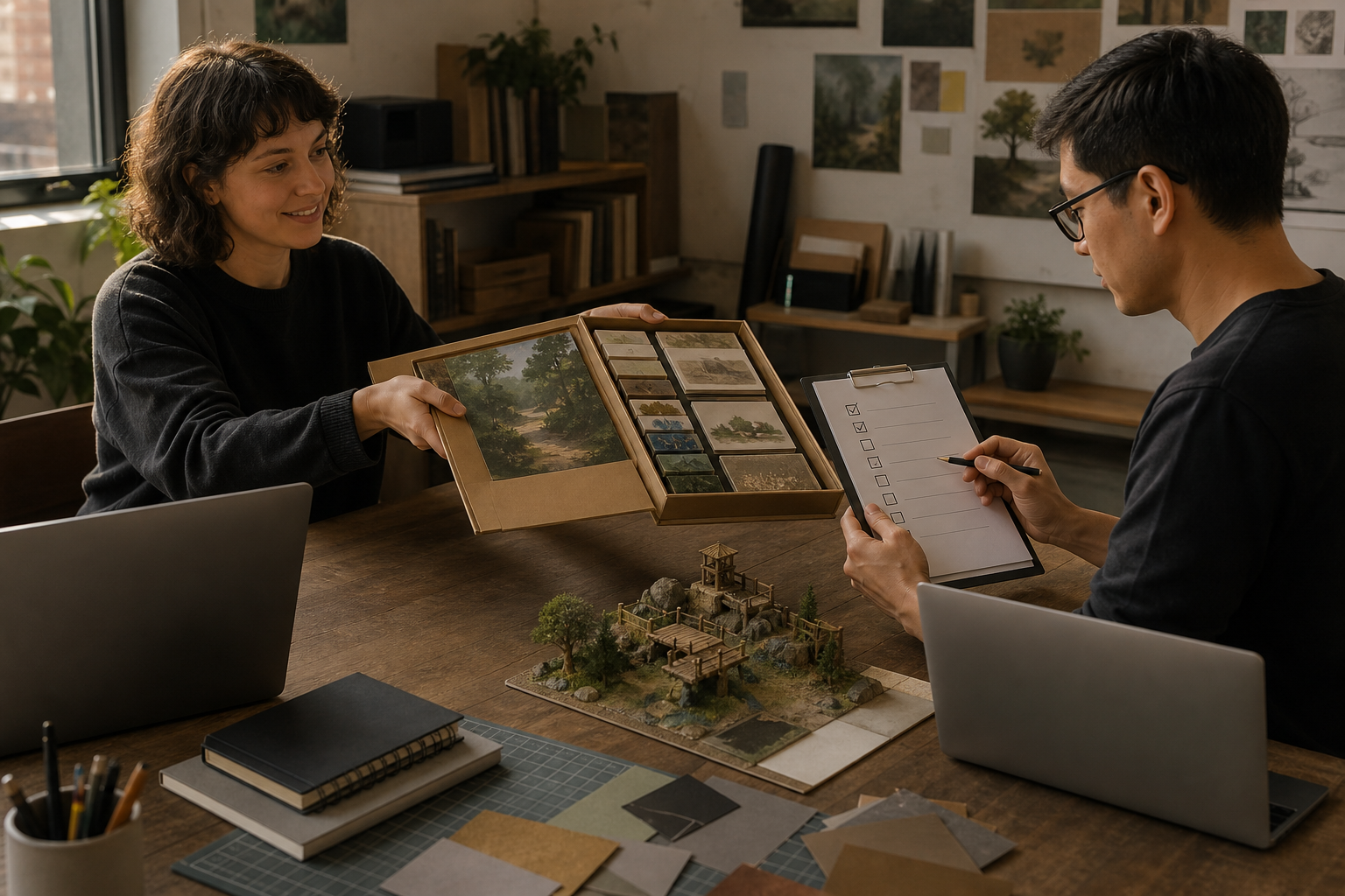 Creator handing an organized physical project package to a developer for checklist review