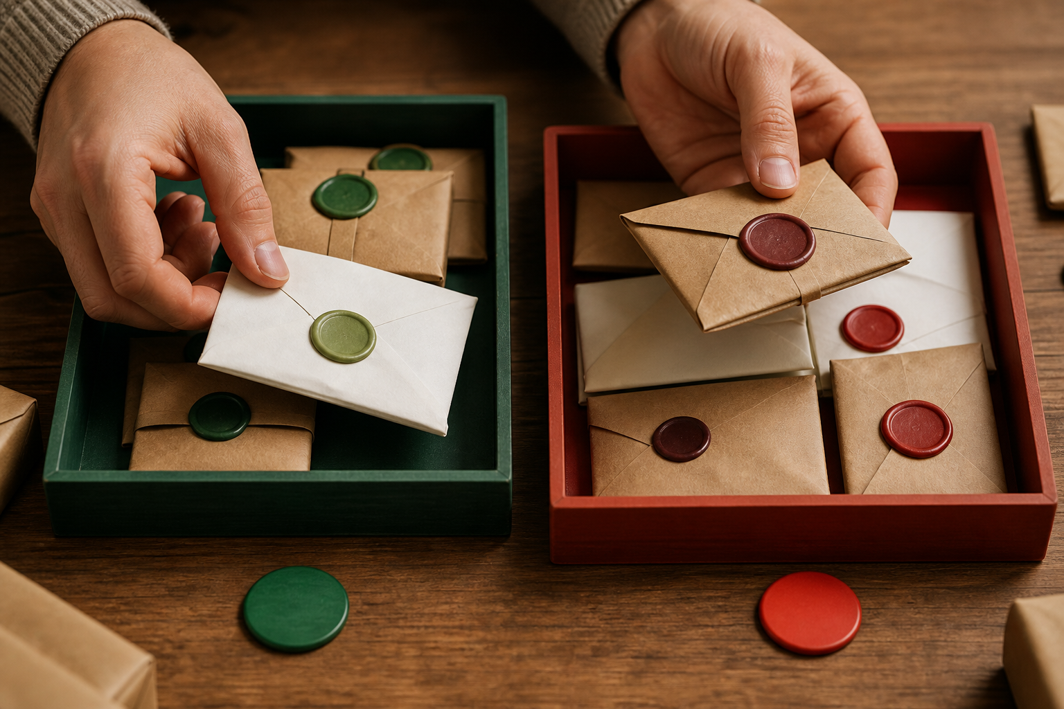 Hands sort unbranded sealed packages between green and red review trays