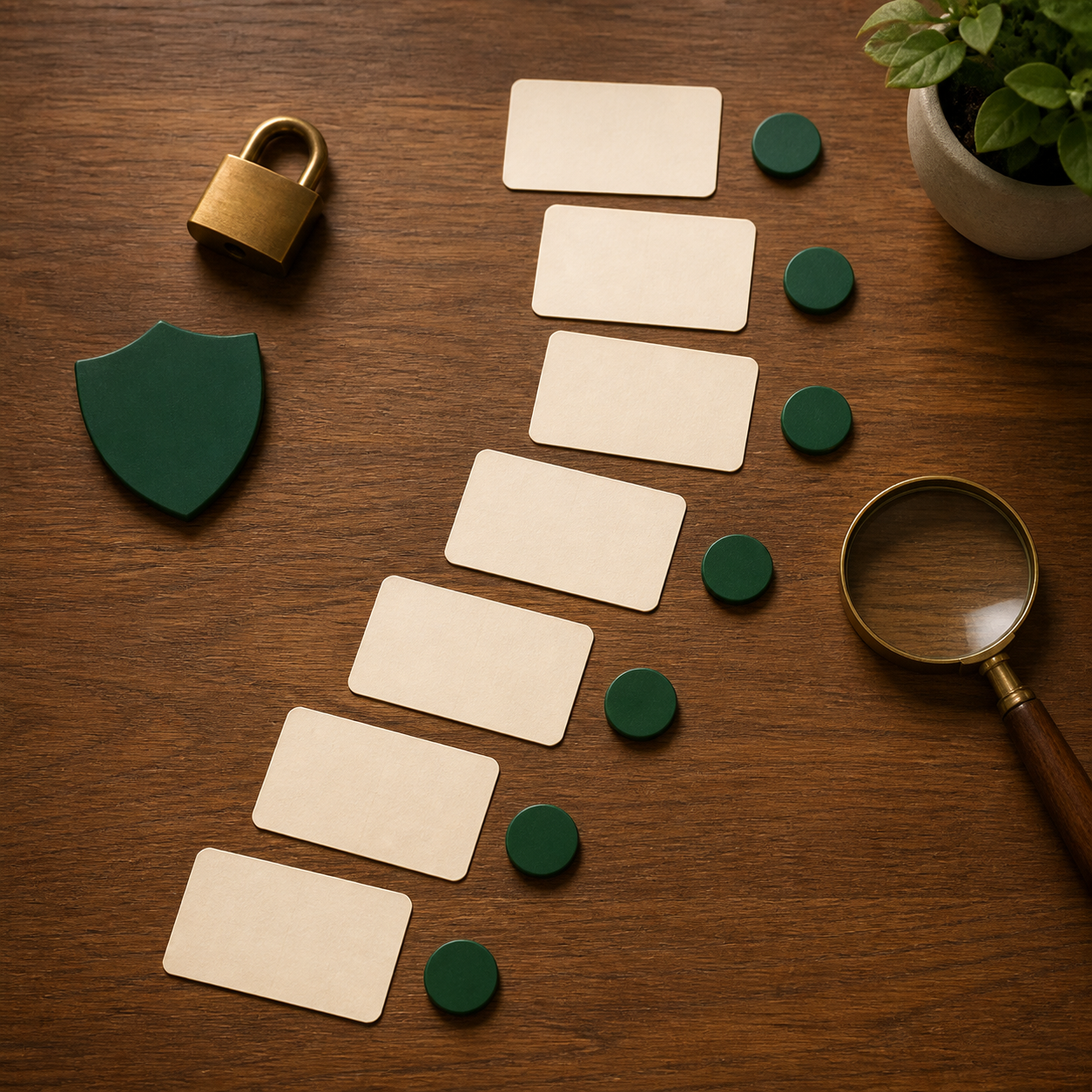 Seven decision cards, green tokens, a shield, lock, and magnifying glass form a safety checklist