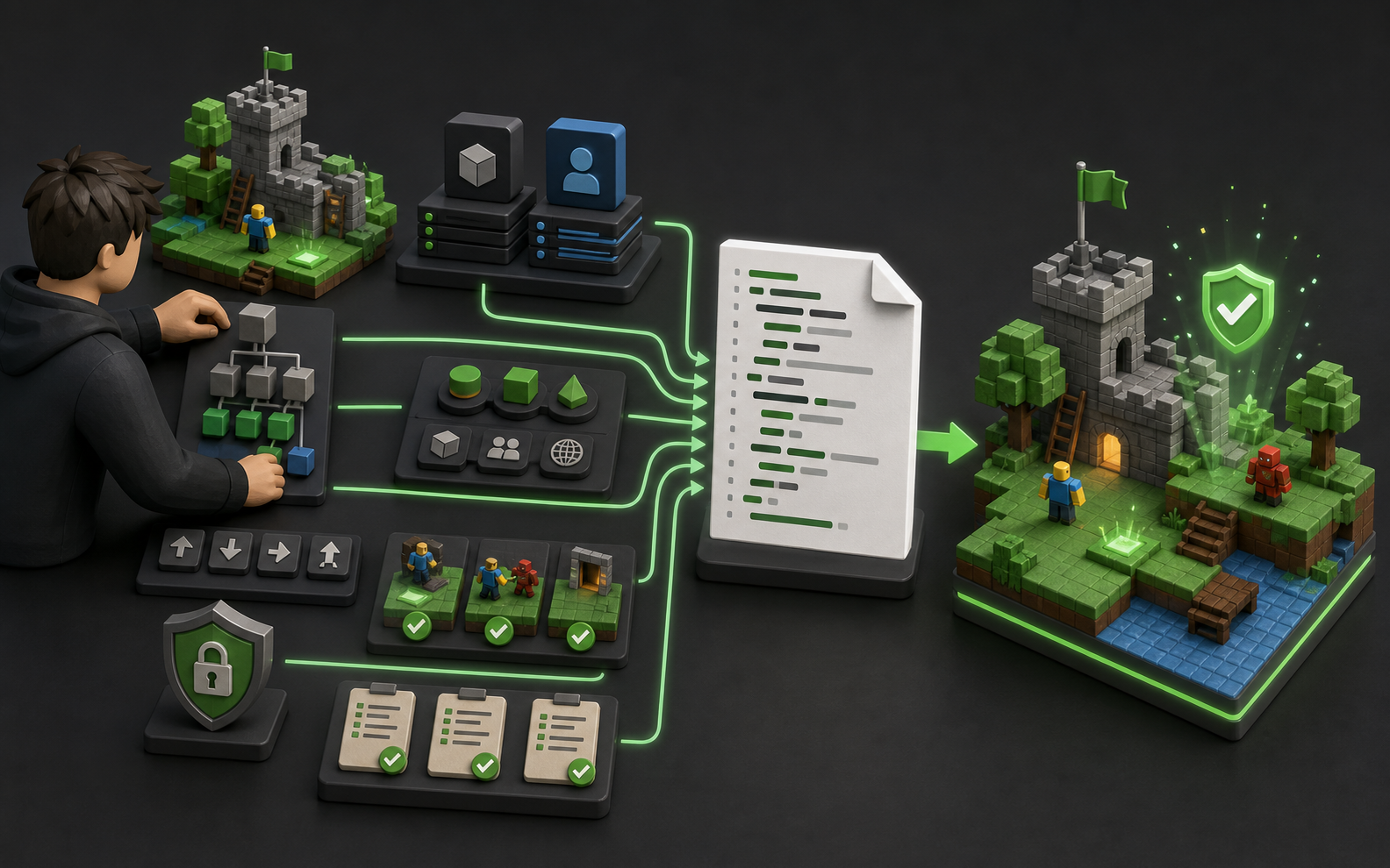 Editorial workflow connecting Roblox Luau context, constraints, tests, and a verified game result