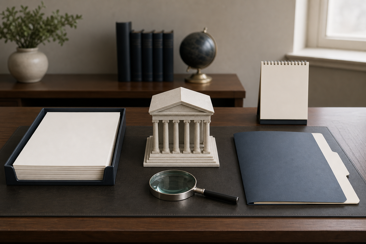 An official-source verification desk with blank filing pages, a regulator building, investor folder, magnifying glass, and calendar