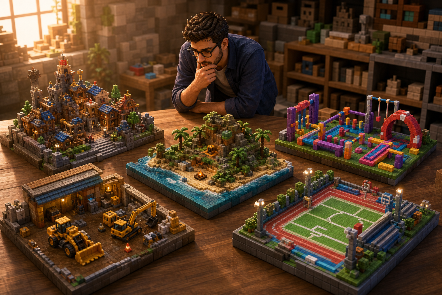Game designer comparing original blocky dioramas for roleplay, survival, obstacle, building, and sport genres