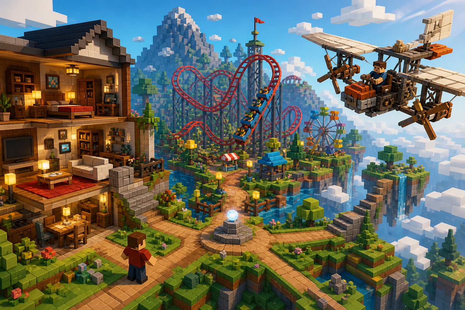 Comparison of creative Roblox build styles across homes, theme parks, and experimental vehicles