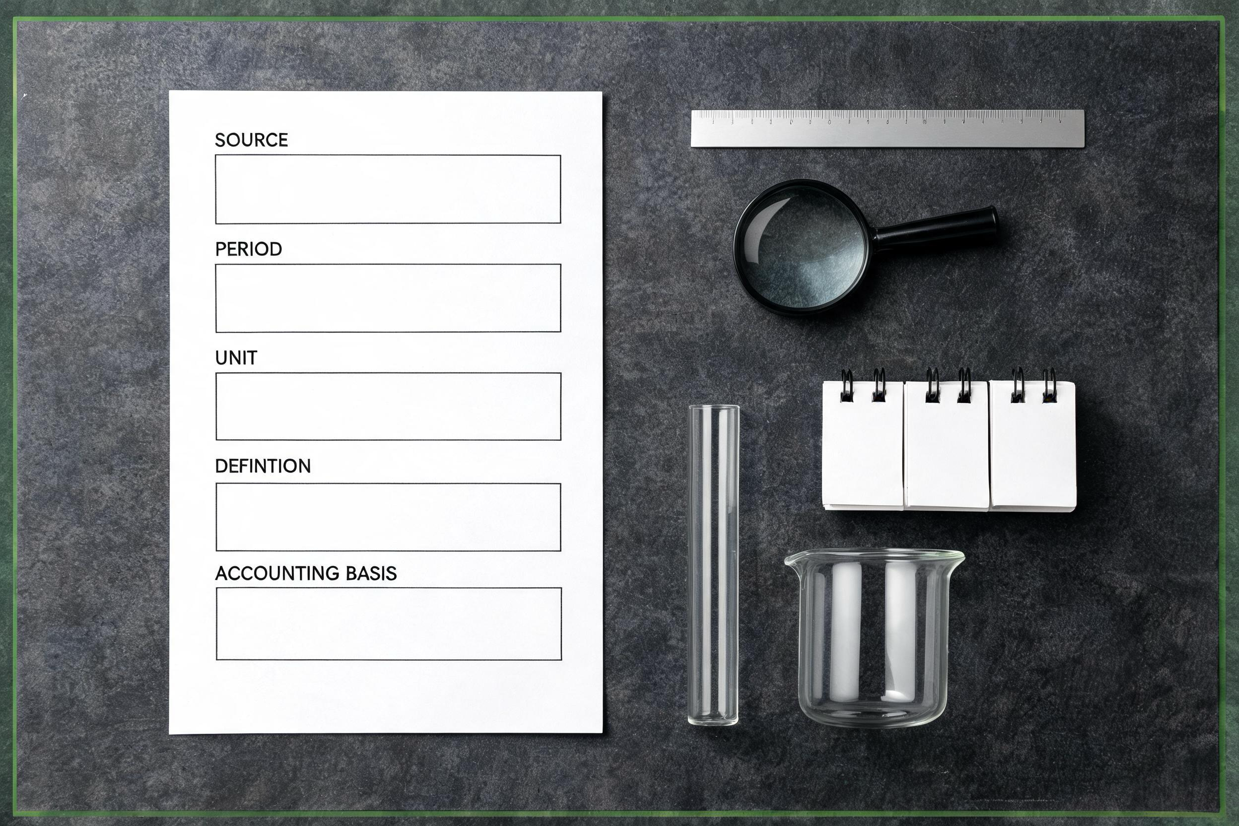A blank evidence receipt with slots for source, period, unit, definition, and accounting basis