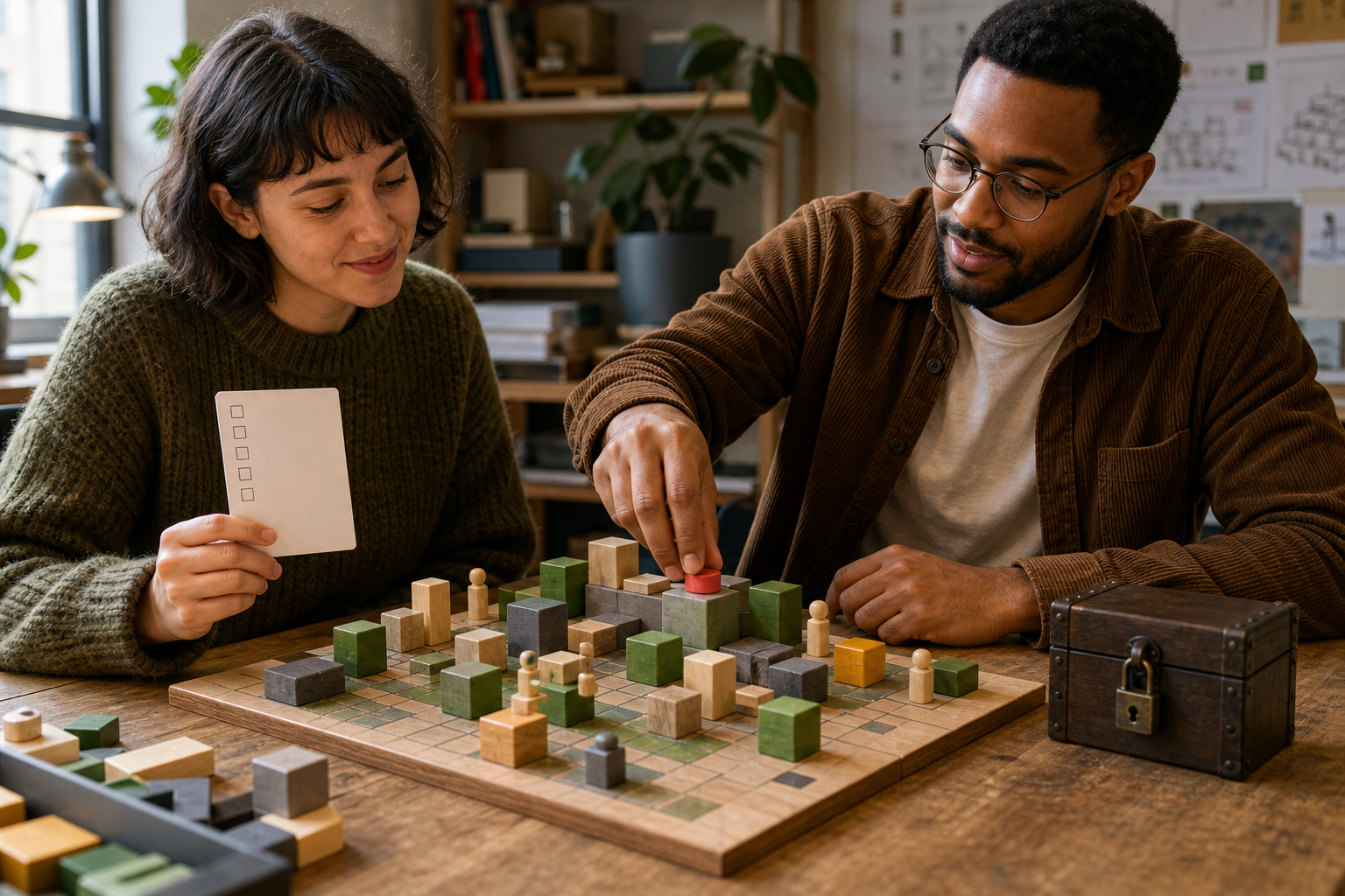 Two creators playtesting an original blocky game scene with a blank checklist and locked control box