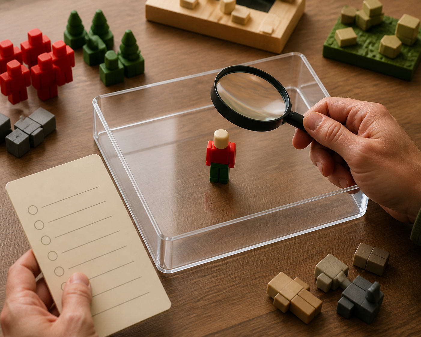 Creator inspects one isolated blocky game asset with a magnifying glass and checklist