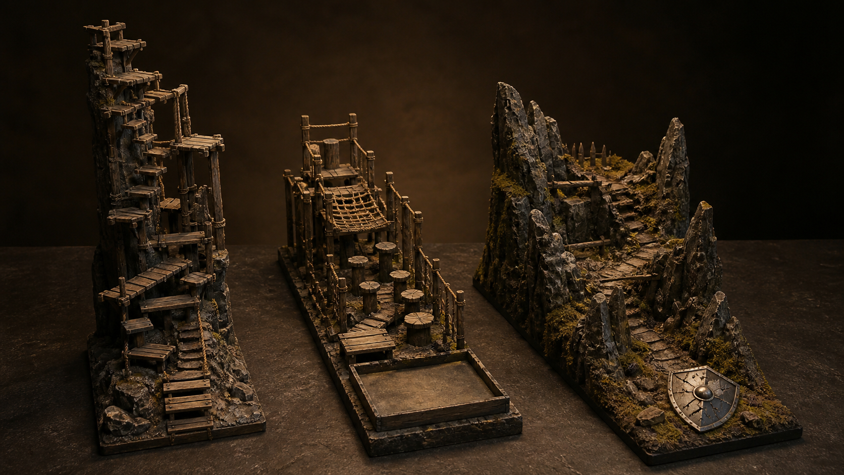 Three original miniature challenge scenes show tower endurance, no-checkpoint pressure, and a dangerous expedition