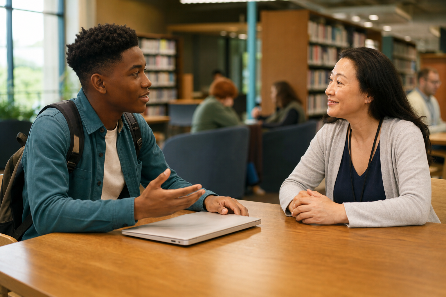 Student asking a librarian for permission before using a shared network