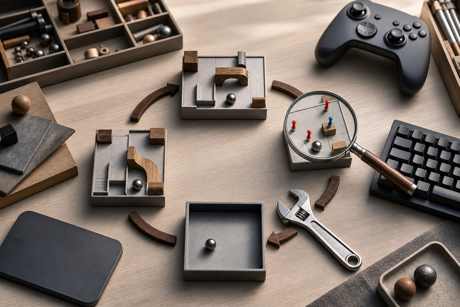 A workbench links obstacle prototypes, failure-location pins, a magnifying glass, reset tray, wrench, keyboard, controller, and touch pad