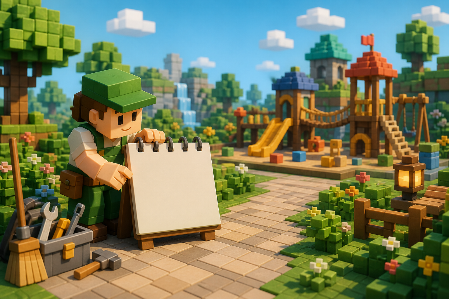 World caretaker checking current maintenance cues in a welcoming blocky play area