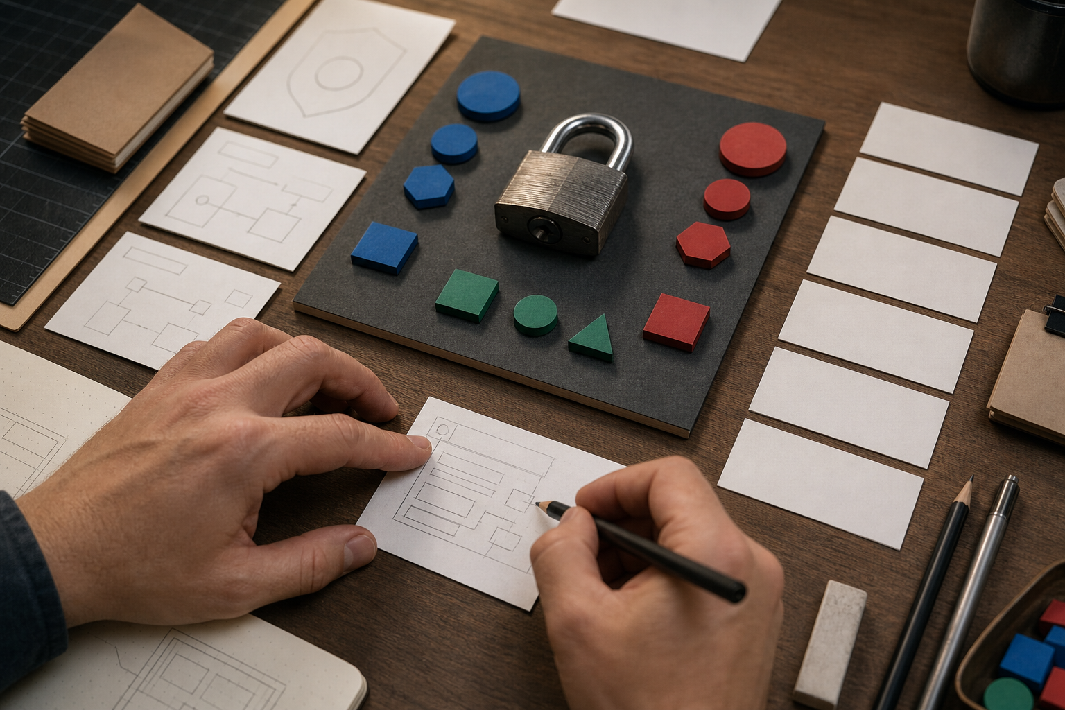 Creator mapping colored permission tokens around a central physical lock and blank action cards