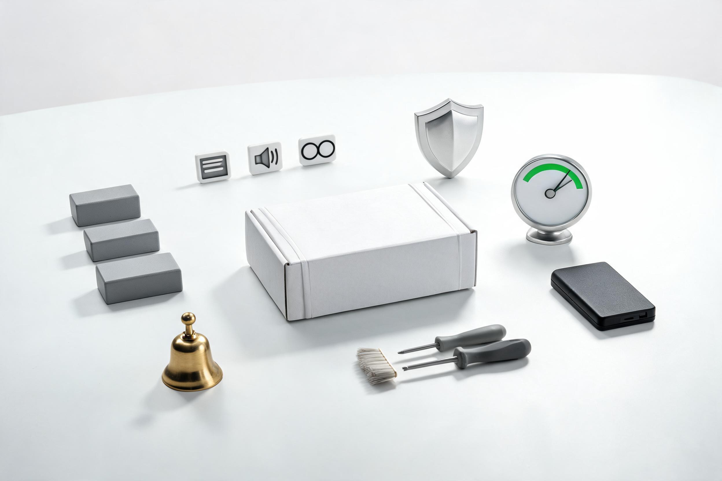 A release package surrounded by device checks, accessibility cues, a safety shield, performance gauge, incident bell, rollback archive, and maintenance tools