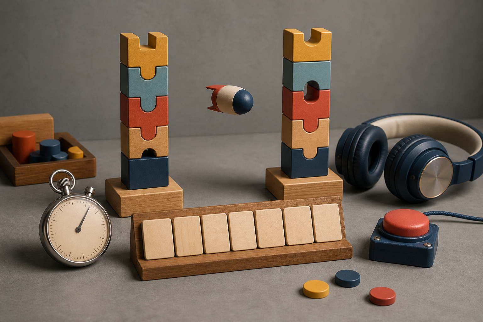 A tactile original arcade prototype with a flying capsule, modular obstacle towers, blank score tiles, restart button, stopwatch, and headphones