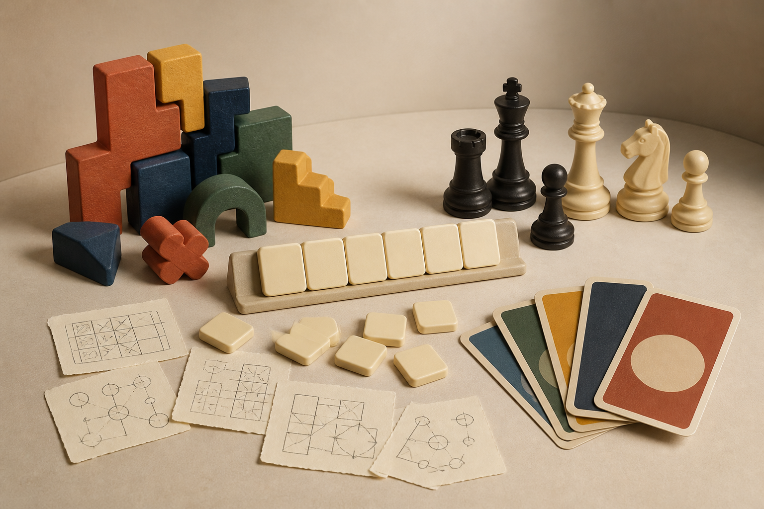 Original puzzle blocks, word tiles, chess pieces, turn-based cards, and prototype sketches representing browser game categories