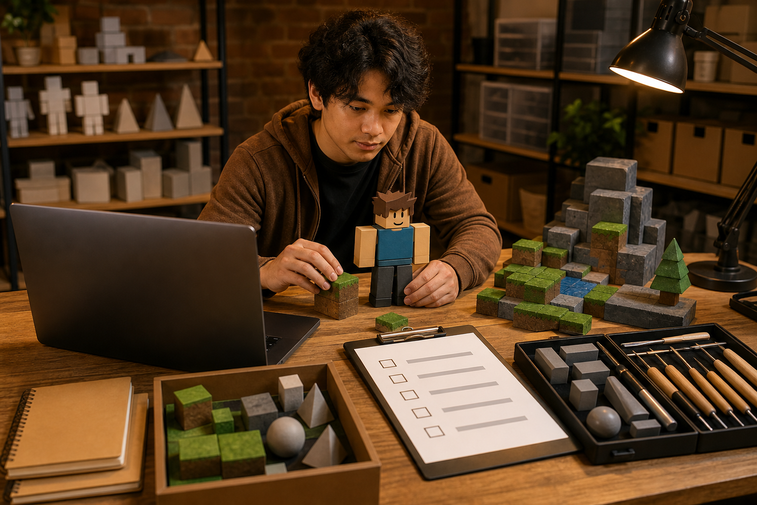 Creator arranging original blocky game pieces with a documented official creation toolkit