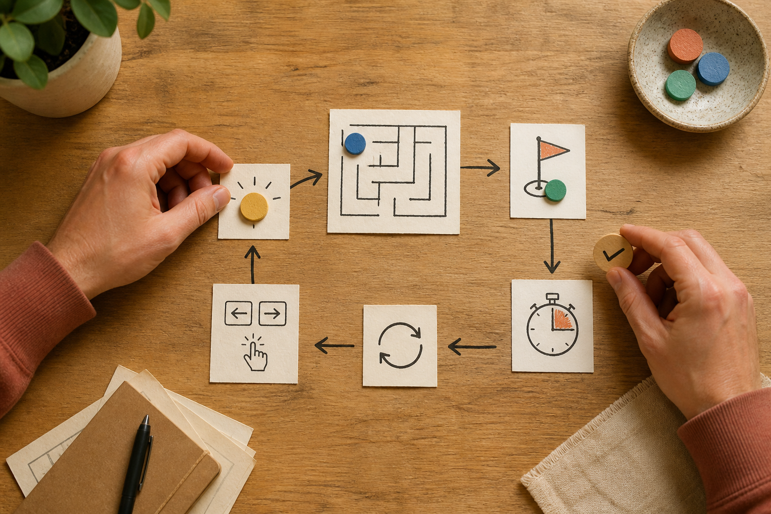 Physical cards and tokens mapping one compact input, challenge, feedback, and retry loop