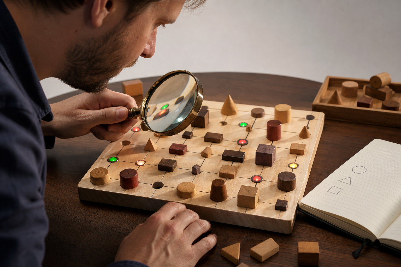 Creator inspecting a physical diagnostic board of connected game-state pieces and status lights
