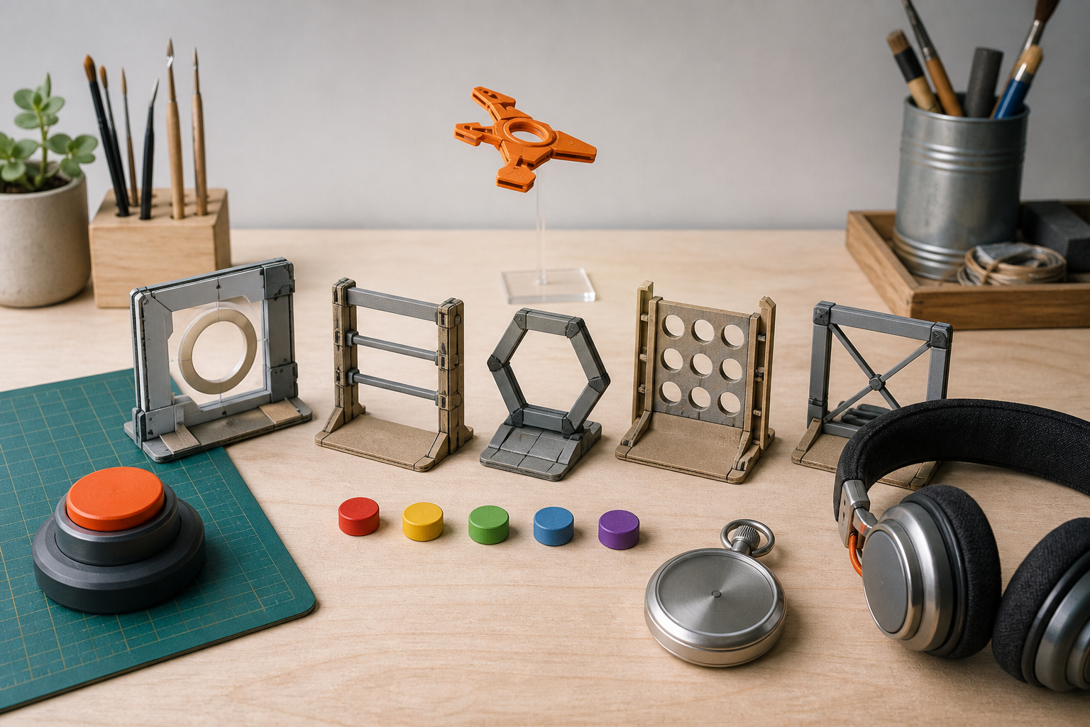 A physical acceptance-test bench with one-button control, modular gates, colored test tokens, a stopwatch, and headphones