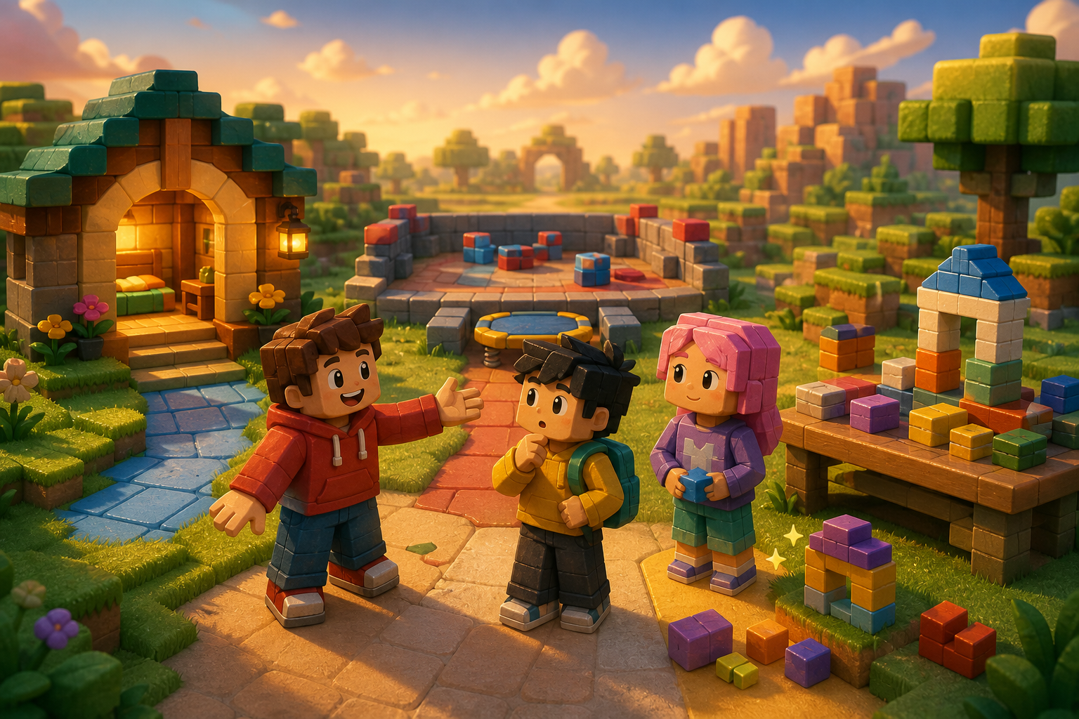 New player choosing between a shelter challenge, short minigame, and simple creative building activity with friends