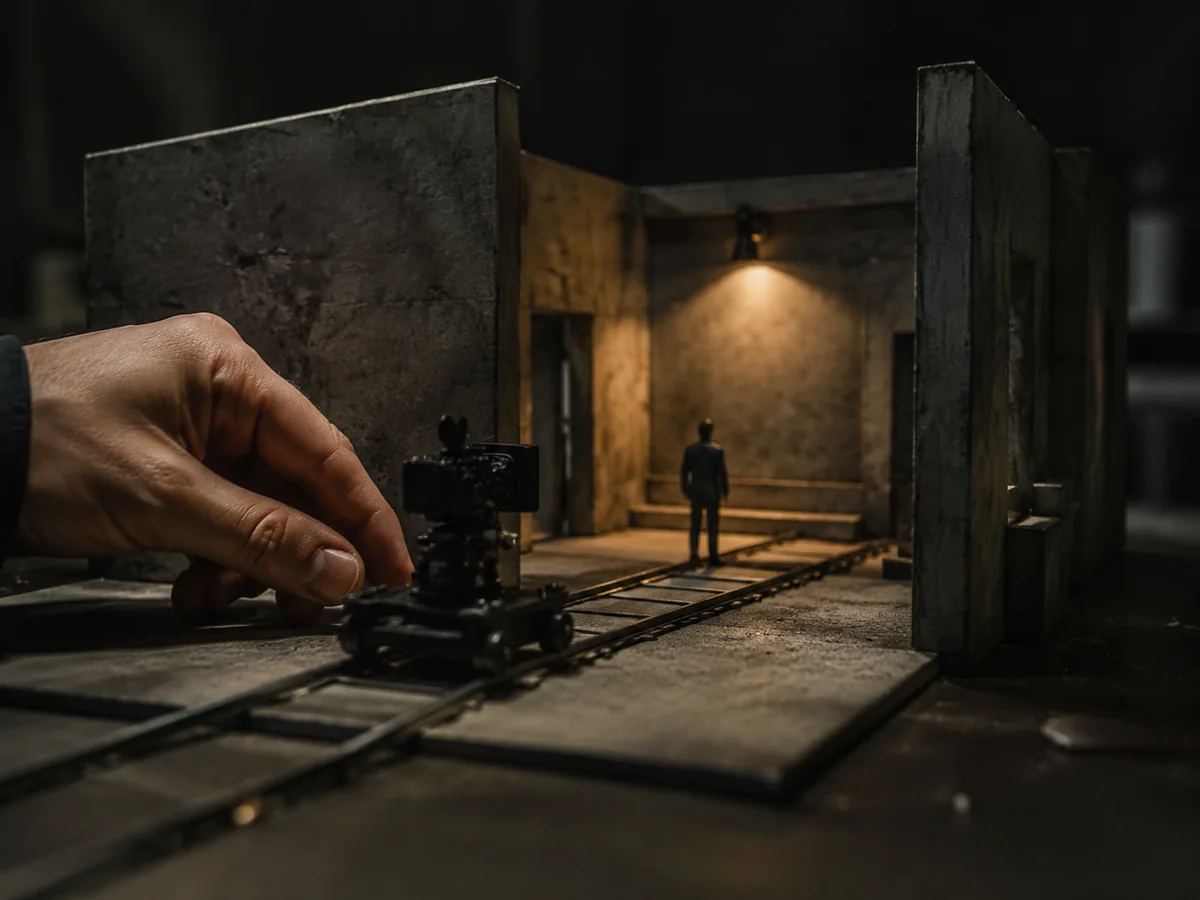 Miniature soundstage set used to previsualize a cinematic camera composition