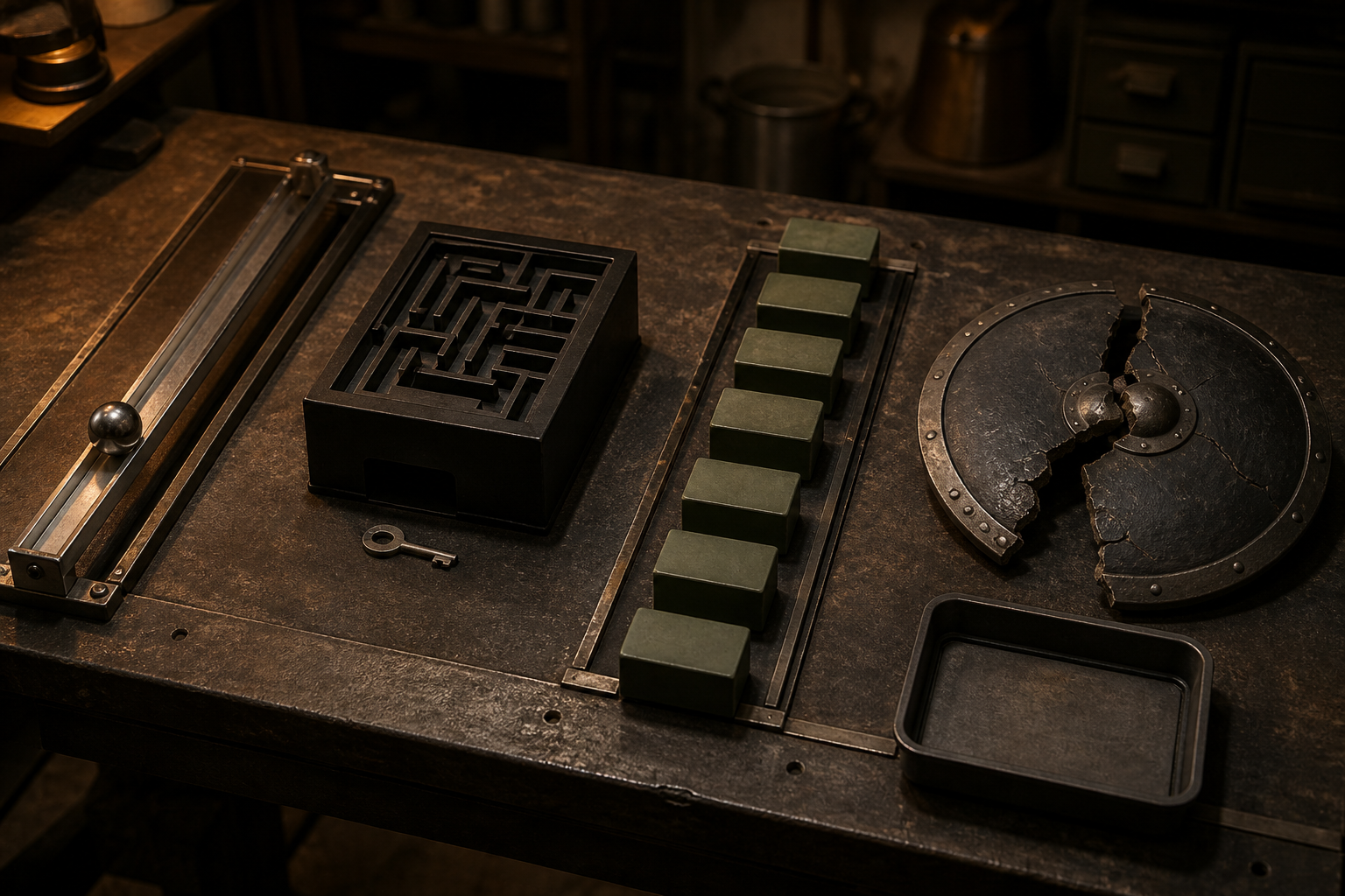 Balance rail, maze and key, repeated blocks, broken shield, and reset tray represent four difficulty dimensions