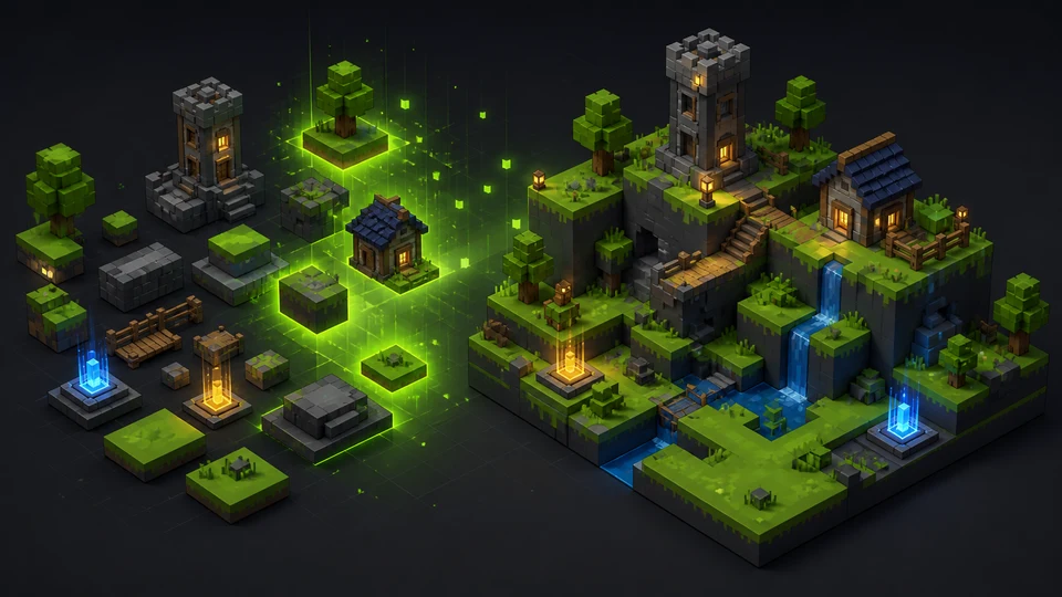 Modular block-style scene pieces assembling into a playable level