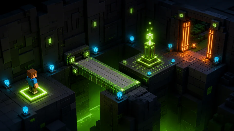 Block-style player activating a bridge checkpoint and gate interaction