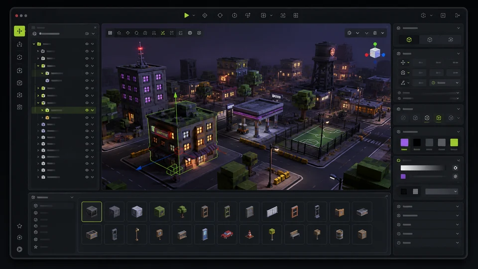Dark editable game workspace with a block-style city scene and asset shelf