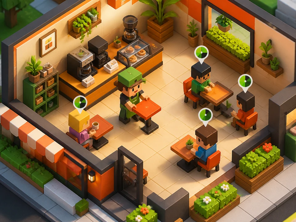Block-style cafe tycoon prototype with playable characters