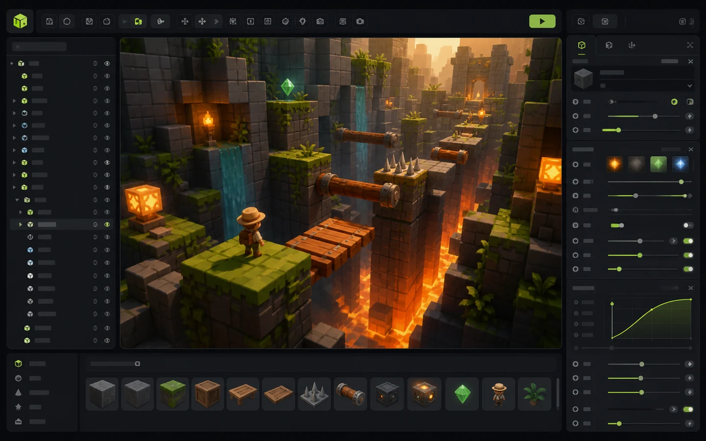 Seele-style game creation workspace showing an editable block-world level