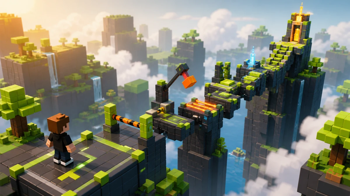 Creator validating an obstacle-course game loop across floating islands