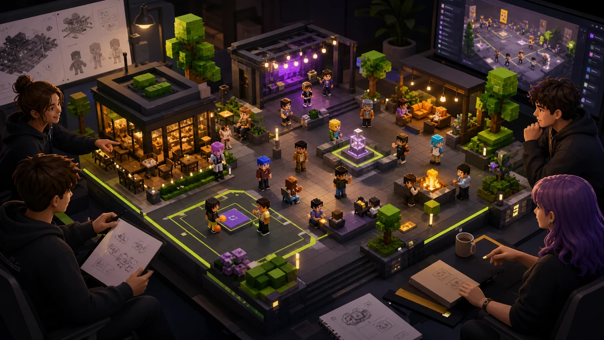 Game creator team reviewing a playable block-style social plaza concept