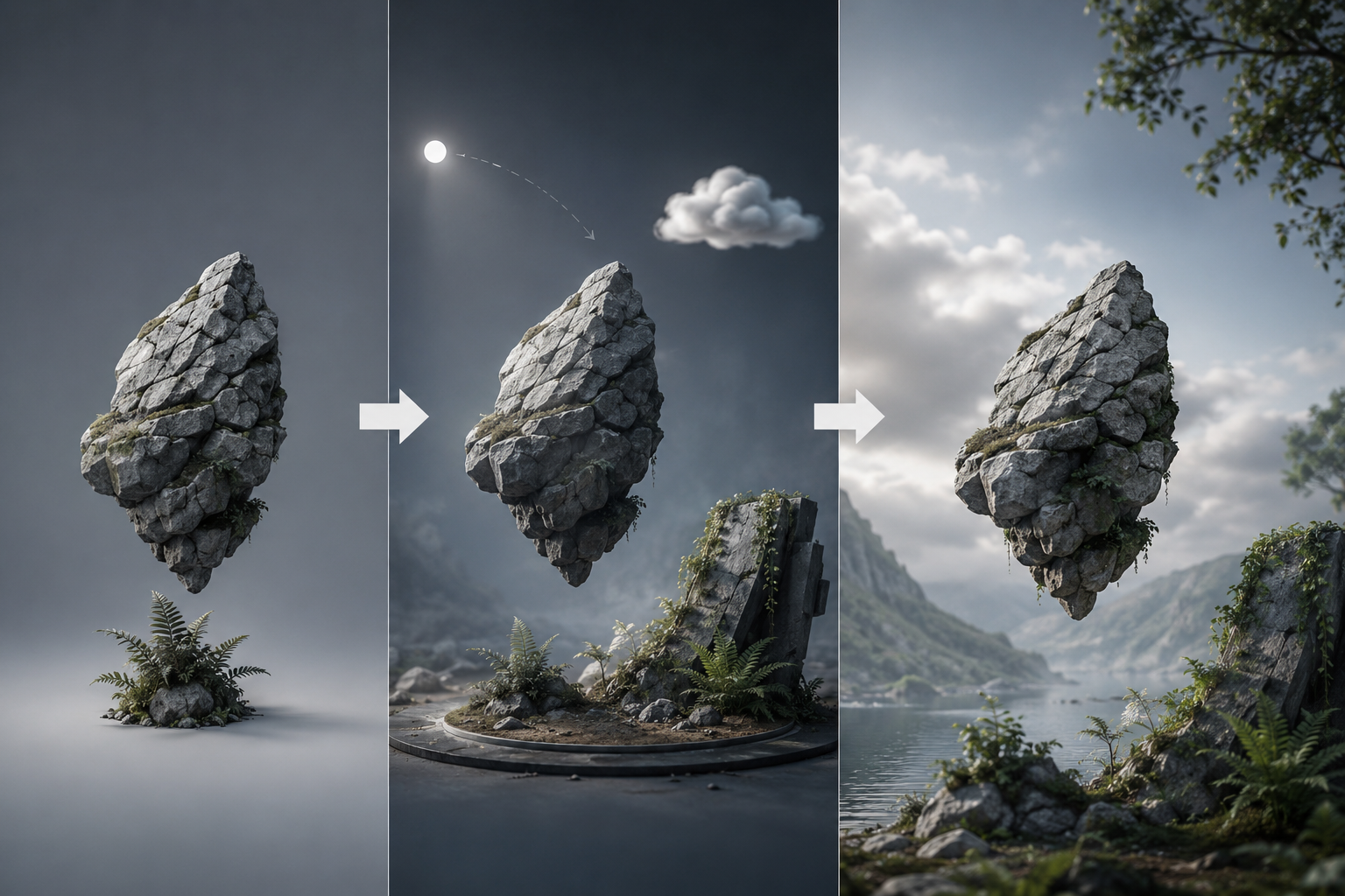 AI-generated editorial workflow illustration from a 3D object through scene assembly to an interactive world; not product evidence.