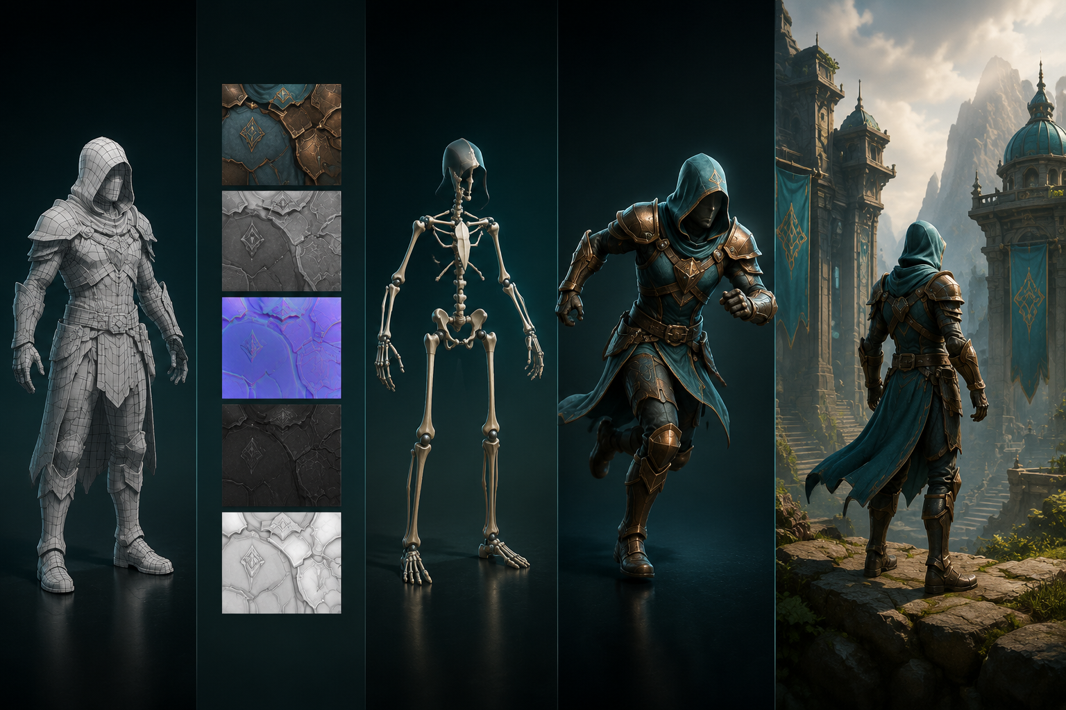 AI-generated editorial illustration of texturing, rigging, animation, and scene assembly stages; not product evidence.