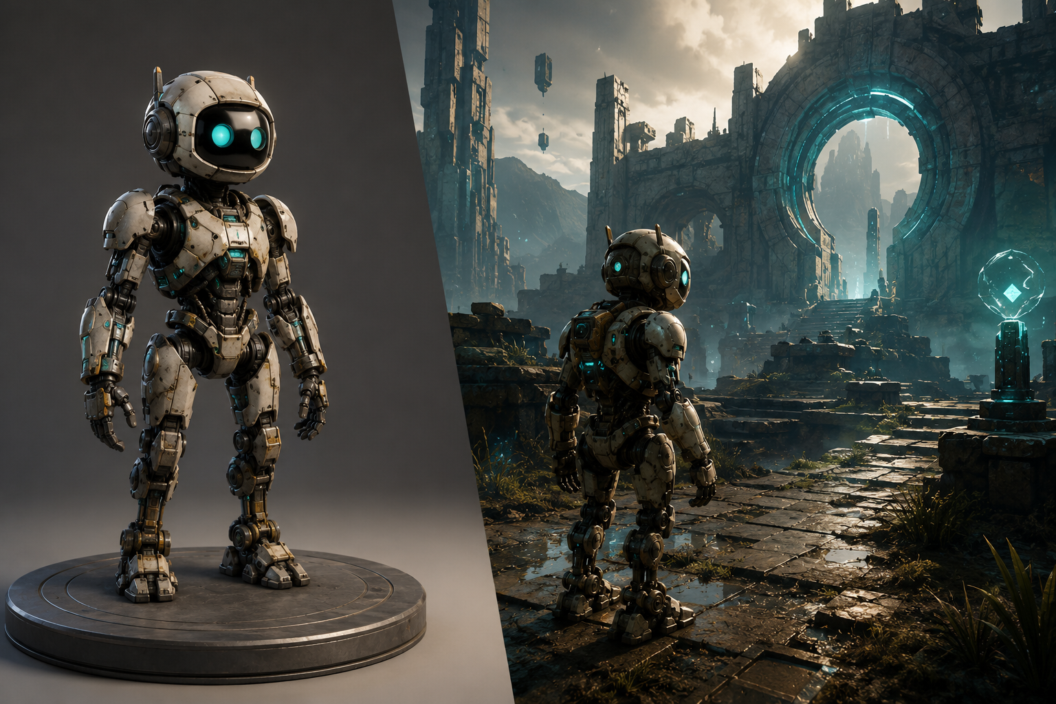 AI-generated editorial illustration contrasting a textured 3D character asset with a complete game scene; not a product screenshot.