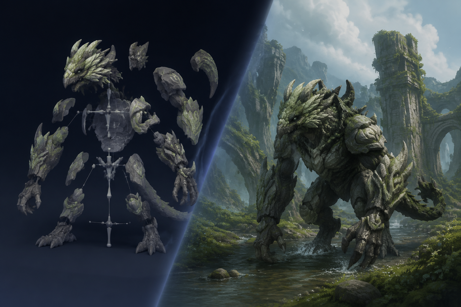 AI-generated editorial illustration of segmented and rigged 3D creature parts transitioning into a complete world; not a product screenshot.