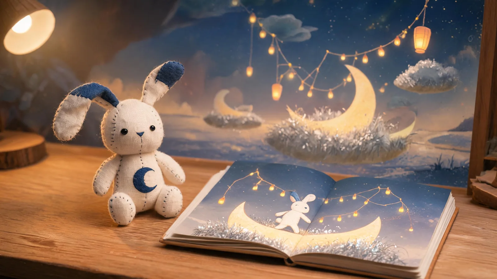 An original handmade moon-rabbit plush beside an open illustrated notebook, with one coherent moon-island star-collecting fantasy world and no recognizable franchise traits.