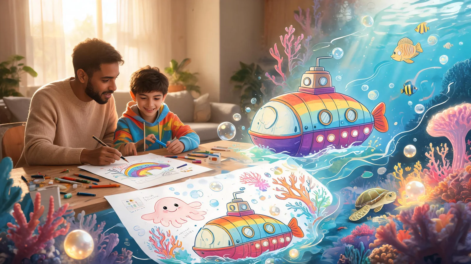 An adult parent visibly guiding a child at a craft table around an original rainbow-submarine drawing that expands into one coherent underwater fantasy scene.