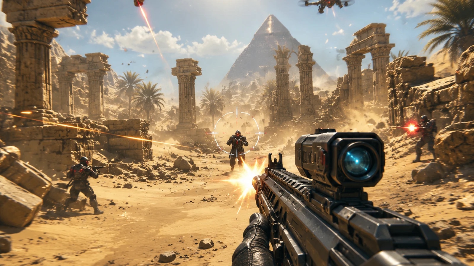 Thematic desert first-person shooter concept with ruins, rifle, opponents, and bright combat effects; concept art, not gameplay.