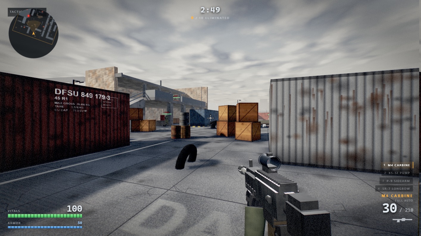 Real Operation Ironhold browser FPS gameplay showing an M4 carbine, enemies, health, armor, ammo, crosshair, and four selectable weapon slots.